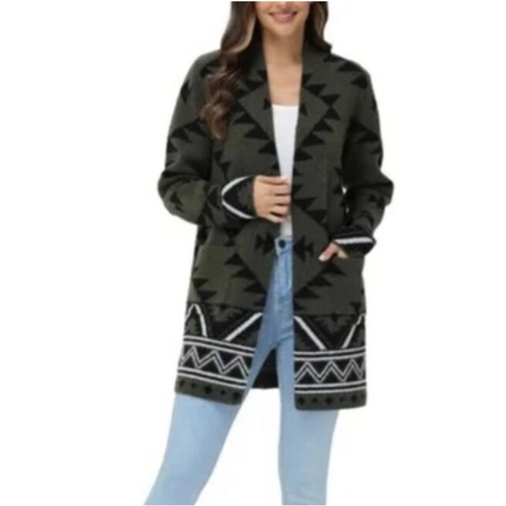 FRYE Dark Green Black and White Aztec Open Cardigan Size Medium
